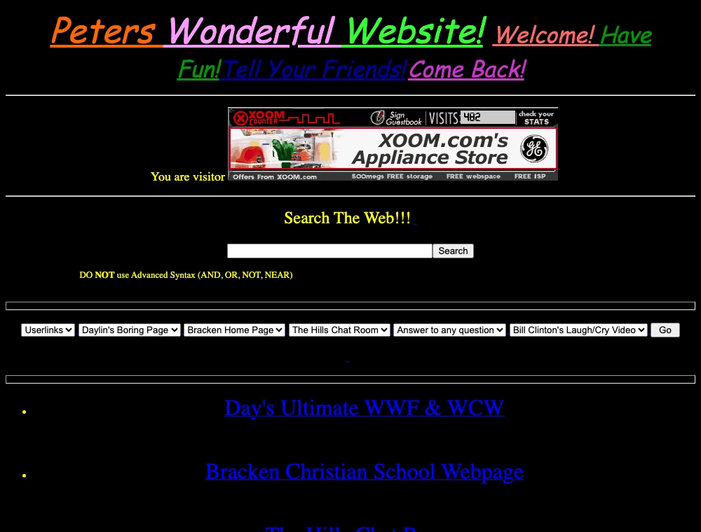 Peters Wonderful Website, captured by the Internet Archive in 1999